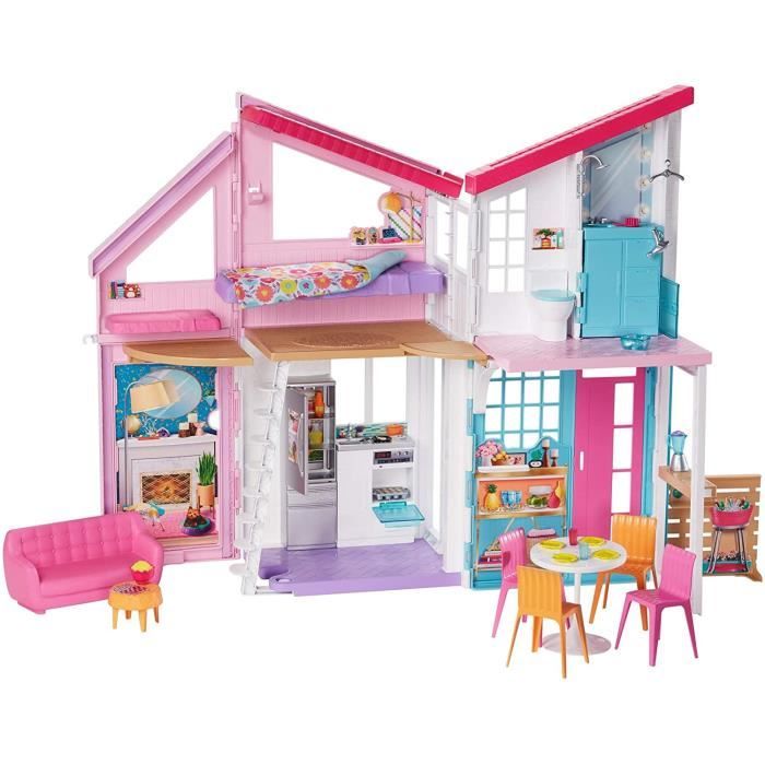Maison de poupée - Barbie - Maison à Malibu - 2 étages - 25 accessoires - 6 pièces