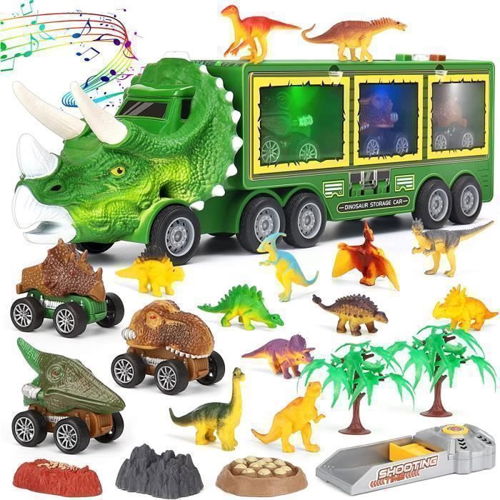 Camion de dinosaure (set de jouets) - HK1RBOX - 12 en 1 - Lumières et musique - Portable - 3 mini voitures