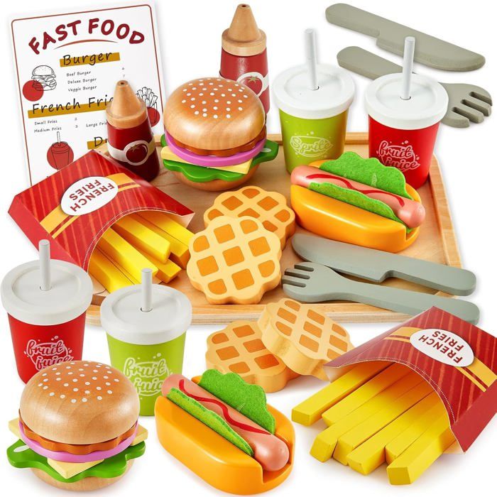 Jouets de dinette en bois3-5 ansaccessoires cuisine bois avec hamburgerjeu de rôle éducatif pour garçon et fille.