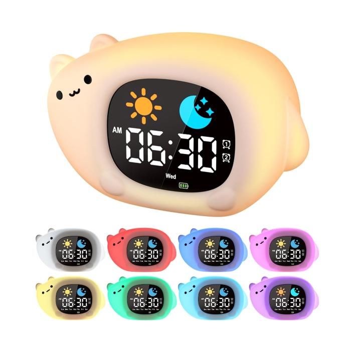 Réveil Enfant Educatif Jour Nuit 2 Alarme 12/24 Heure Snooze Luminosité de lEcran Réglable Réveil Chat REVEIL SIMULATEUR DAUBE