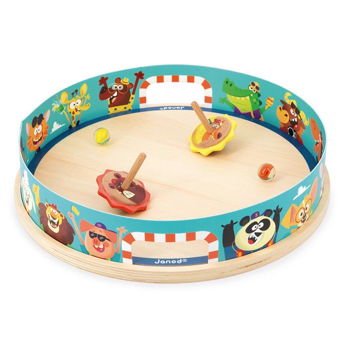 Toupies Arena Applepop - Jeu dAdresse - 1 Arène + 2 Toupies avec Lanceurs + 2 Billes en Verre - en Bois FSC - Dès 4 ans