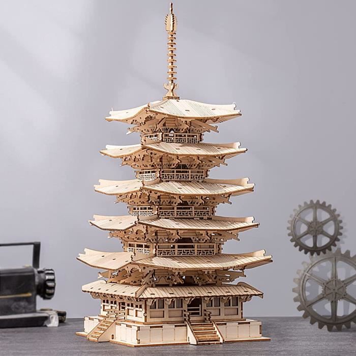 Puzzle 3D en bois pagode à cinq étages - ROBOTIME kits dartisanat pour adultes - Kit de construction de maquettes