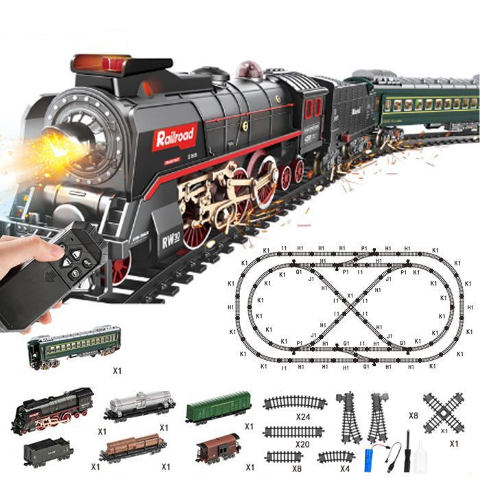 Circuit train enfant - Onwind - 73pièces locomotive vapeur rétro rails télécommande effets sonores lumineux pulvérisation jouet mini