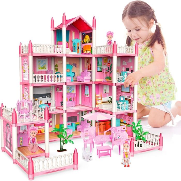 Maison de Rêve pour Filles avec Poupée et Lumière Maison de Poupées pour Enfants avec Meubles Miniatures et Accessoires Rose