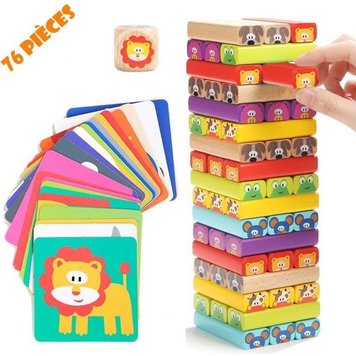 Jeu dadresse et déquilibre - Tour de Blocs Empilables en Bois - Multicolore - 51 pièces - 3 à 9 ans