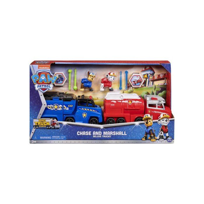 Mega pack Pat Patrouille Camion Pompier + Police 22 cm Marcus + Chase - Set Truck Rescue + Carte offerte - Véhicule - Figurine