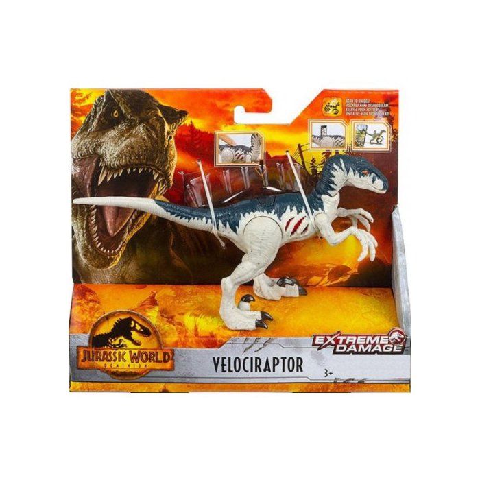 Dinosaure Velociraptor - Jurassic World - Dino Extrême Damage 19 cm - Animaux Préhistorique gris - Nouveauté
