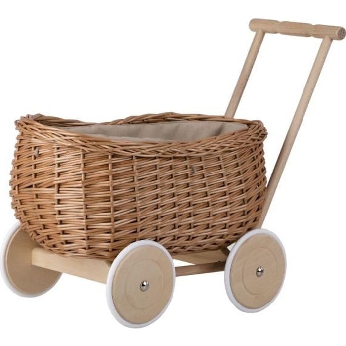 Jouet - Chariot Trotteur en Osier Naturel avec Roues en Bois - Age 3 ans - Solide et Stable
