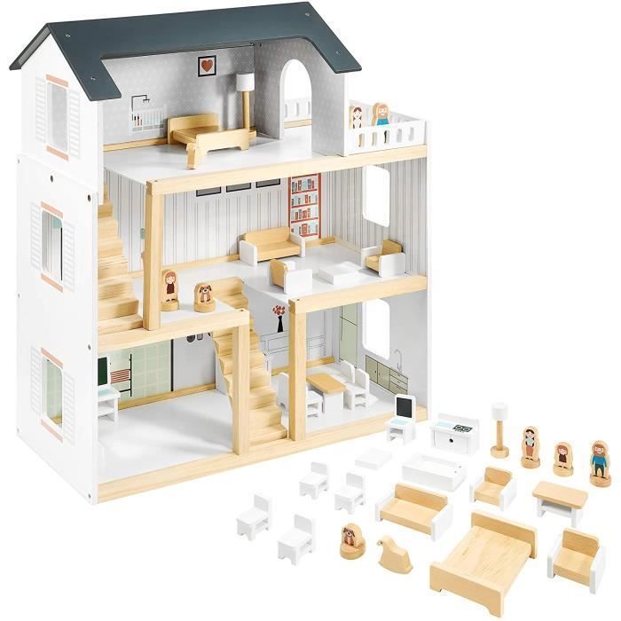 Maison de poupées MAMABRUM 70x30x60 cm 3 niveaux Terrasse- 19 pièces mobiles et 4 figurines- Jouet dimitation- Norme CE