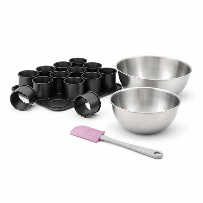 Set avec 1 Plaque pâtisserie avec 12 mini moules ronds 1 spatule Zenker et 2 bols à mixer en inox Fackelmann