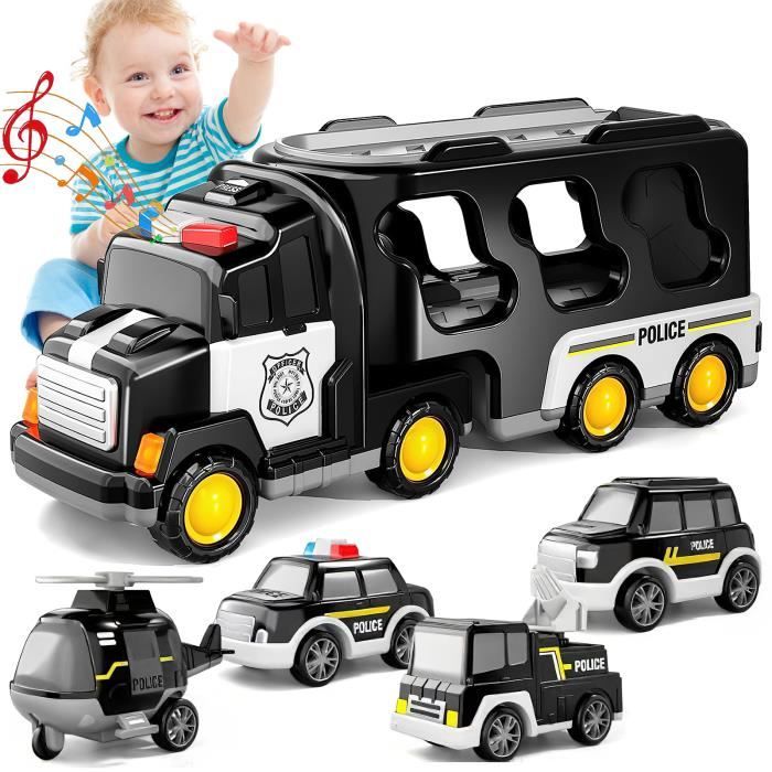 Jouet camion pour enfants camion de transport à deux étages 1 avion + 3 petits camions + 1 grand camion (noir)