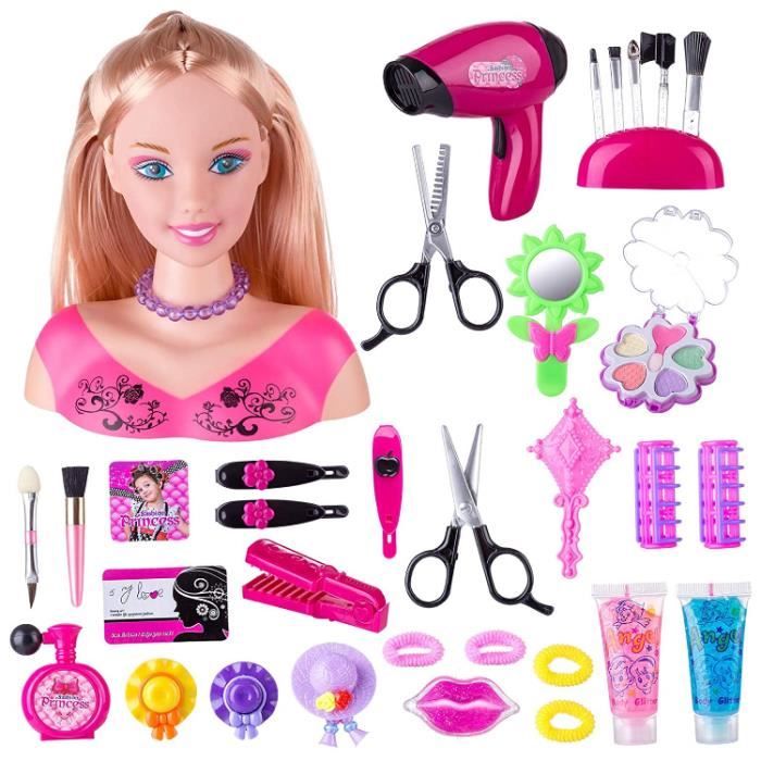 Tête à Coiffer et Maquiller - 34 Pièces Tête de Coiffage avec Accessoires de Coiffure - Jeu dImitation Cadeau pour Enfant Fille