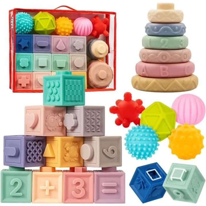 Jouets Montessori pour Bébé - Balle Sensorielle - Cube Activité Souple - Cadeau Naissance - Jeux Eveil Educatif 6 9 COFFRE A JOUETS