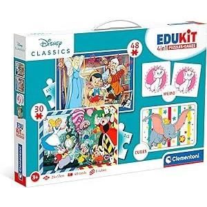 Clementoni - Edukit - Disney - Coffret apprentissage 4 en 1 - 2 puzzles 1 mémo 1 jeu de 6 cubes - Fabriqué en Italie - Dés 4ans