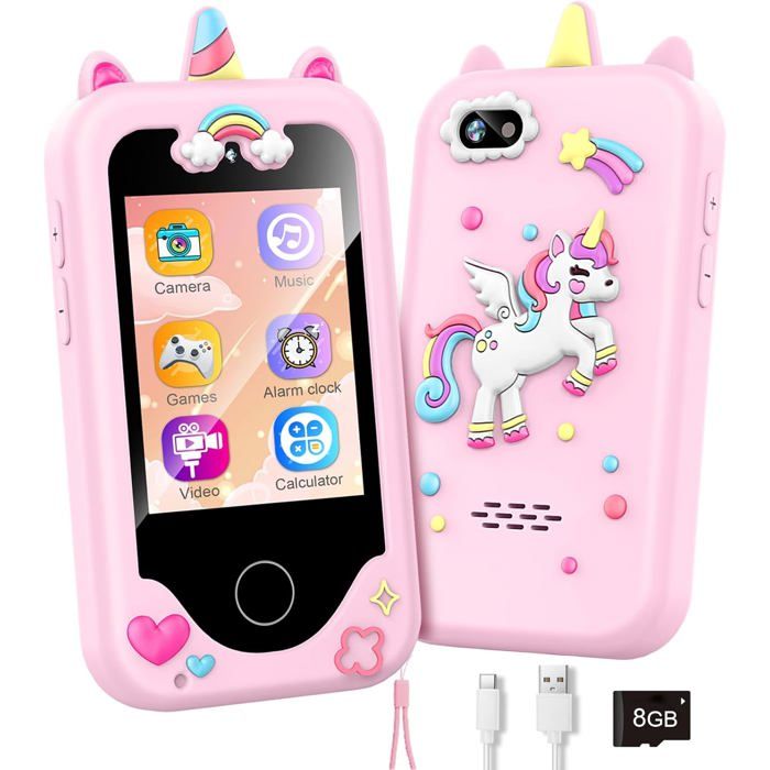 Smartphone pour filles Téléphone portable jouet pour enfants écran tactile 28 pouces carte mémoire 8 Go Rose