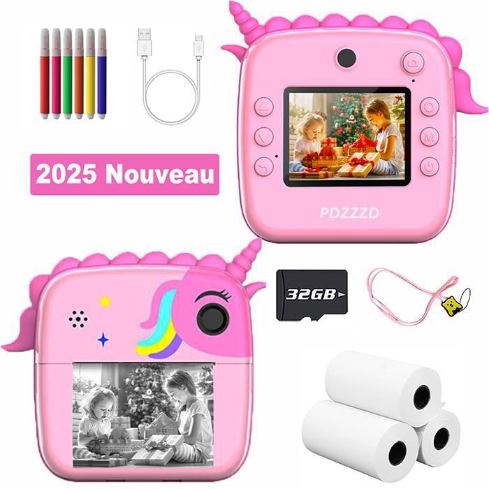 Appareil Photo pour Enfants 2400W Impression Instantanée Jouet Fille 3 4 5 6 Ans HD 2.5 Pouces -Rose