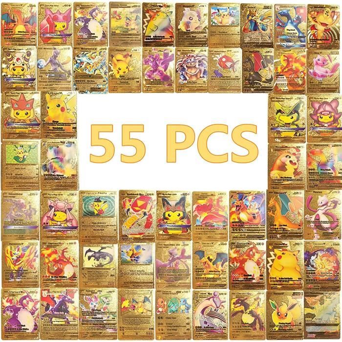 Carte Pokemon Française 55 Cartes Plaquée Or Arc-en-Ciel Vmax+V+GX+EX Carte Cartes à Jouer et à Collectionner