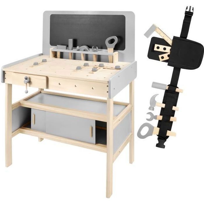 Etabli de Bricolage - MAMABRUM - Enfant en Bois - 50 pièces - Dimensions 36x29x43 cm - Couleurs douces
