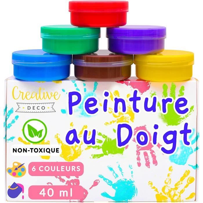 Peinture au Doigt Enfant - CREATIVE DECO - 6 x 40 ml Pots - Couleurs Intenses et Vives - Lavable à leau