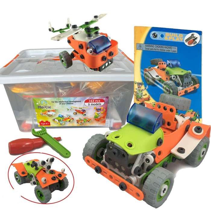 Jouet de construction 5 en 1 161 pcs pour construire voiture avion hélicoptère quad etc. Outils + livret détaillé. 5 à 10 ans