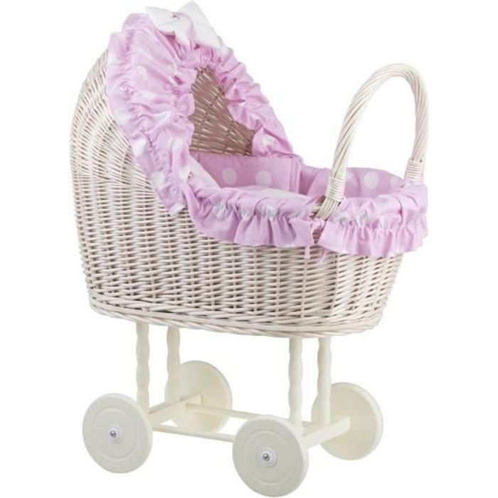 Poussette Pour Poupée - Landau - Rose - Poussette en osier blanc-creme avec roues en bois