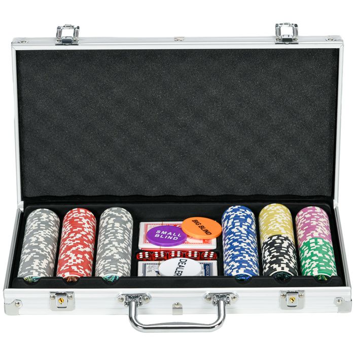 Mallette de poker - coffret de poker complet - SPORTNOW - 300 jetons 5 dés 2 jeux de cartes tapis feutre - aluminium - gris