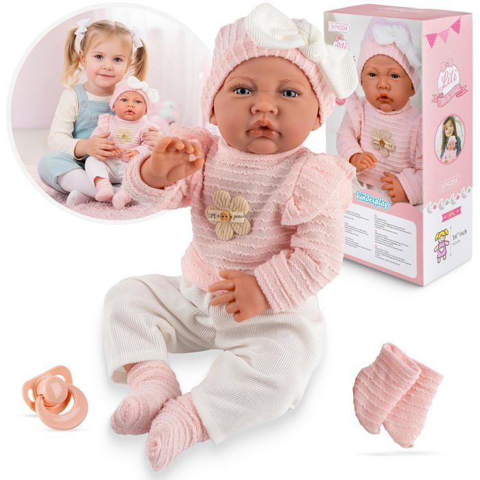 Poupée bébé interactive Lili 41 cm corps souple parle maman et papa avec sucette - Kinderplay (KP4204)