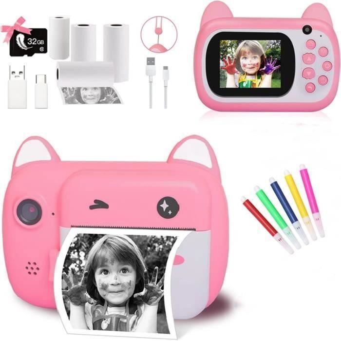 Appareil Photo Enfant - 32G - Rose - HD - Impression Instantanée - 4 Rouleaux Papier