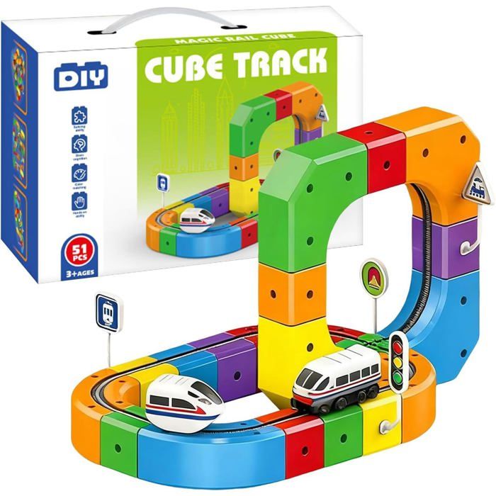 Circuit Voiture—51Pcs Ensemble de Construction Magnétique Modulaire avec Train Électrique à Recharge USB