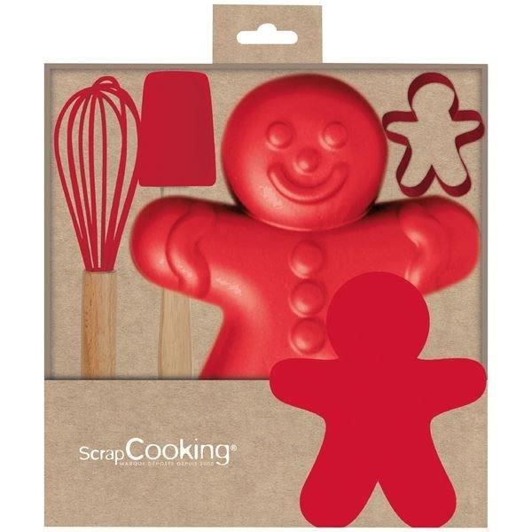 Coffret ustensiles - SCRAPCOOKING - Bonhomme de pain dépices - Fouet/cuillère/découpoir/moule - Rouge