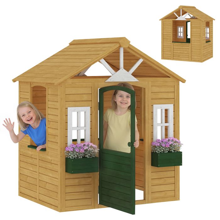 Cabane enfant extérieur - AIYAPLAY - porte fenêtres 2 bacs à fleurs - bois - 1345x97x150cm - marron