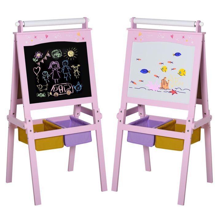 Tableau enfant - HOMCOM - 3 en 1 chevalet ardoise double face blanc craie rouleau papier - MDF - rose