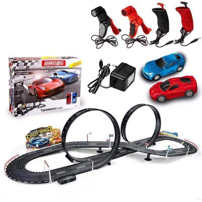 Circuit de Voitures Électriques pour Enfants avec 2 Voitures Boucle à 360° Manuel et Électrique Deux Mode Piste de Course en Duo