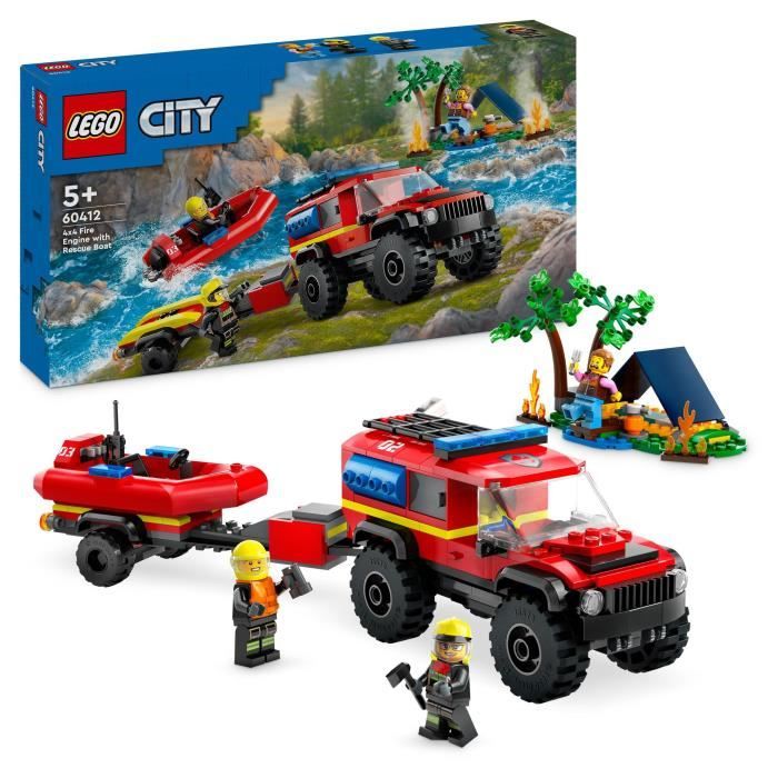 LEGO® 60412 City Le Camion de Pompiers 4x4 et le Canot de Sauvetage Jouet avec Bateau Remorque et Minifigurines
