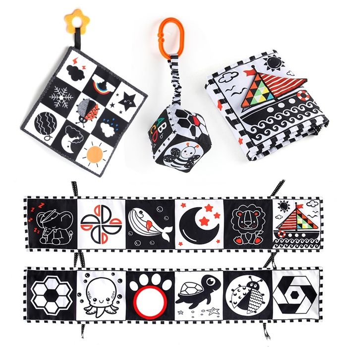 3Pcs Jouet Livre Tissu Montessori Bébé Eveil 0-12 Mois - AUCUNE - Noir Blanc Bébé Cadeau Naissance Jouet Sensoriel Hochet Bebe
