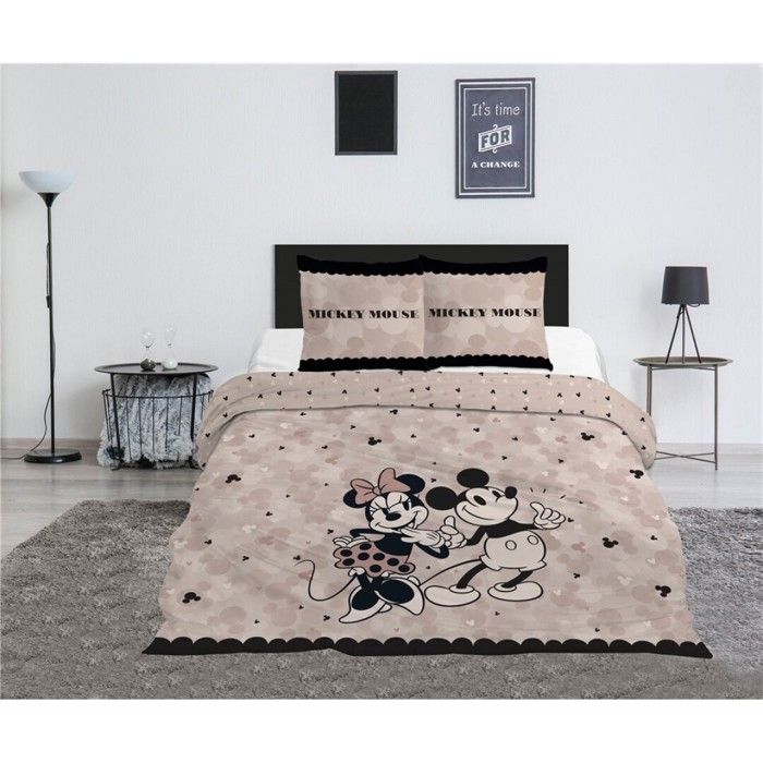 Mickey et Minnie Parure de Lit double Polycoton Imprimée Réversible Housse de Couette 240x220 cm Taies d’Oreiller 65x65 cm