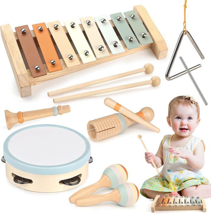 Instruments de Musique en Bois pour Tout-Petits de 1 à 3 Ans Jouets musicaux Montessori pour 1 an avec Xylophone Tambourin.