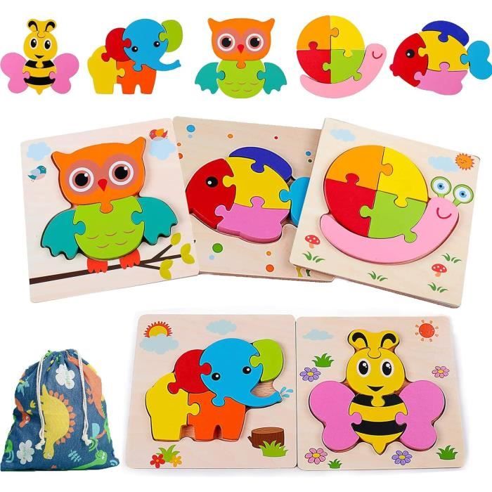 Puzzle en Bois - Montessori - Animaux - 5 Pièces - Jouet Éducatif pour Enfants 2-4 Ans