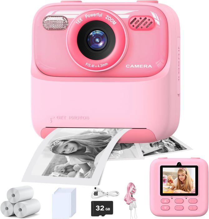 Appareil Photo Instantané - Enfant - Rose - Impression Instantanée - Vidéo HD 1080p - 32 Go