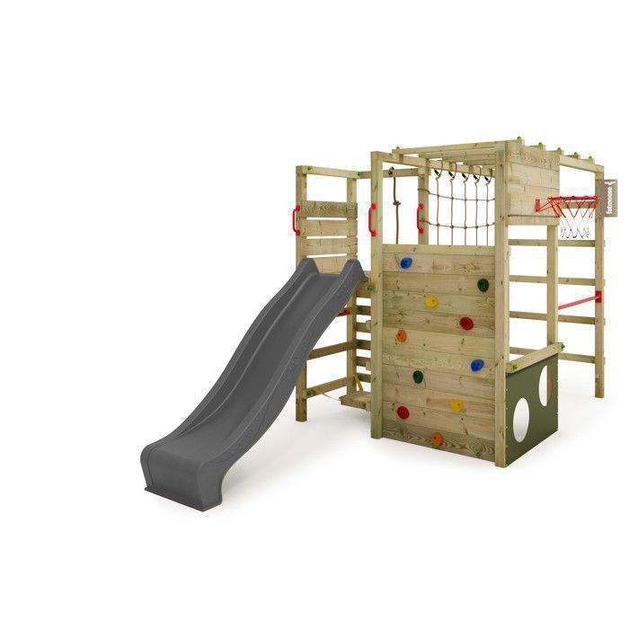 Aire de jeux bois FATMOOSE ActionArena Air XXL anthracite avec toboggan et mur d’escalade panier basket – 10 ans de garantie*