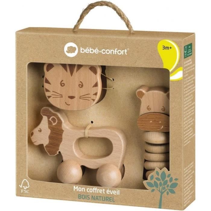 BEBECONFORT Coffret Cadeau Deveil Jouet En Bois :Jouet A Rouler Lion +  Hochet Grelot Tigre + Hochet Gling-Gling - Hippo