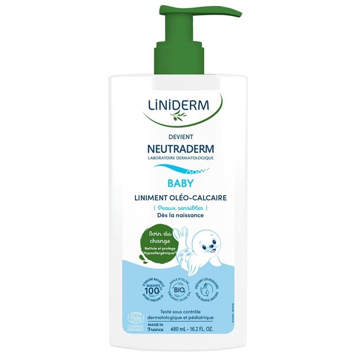 Liniment oléo-calcaire - NEUTRADERM - Baby Bio - Flacon-pompe 480 ml - Huile dolive vierge - Soin pour le change