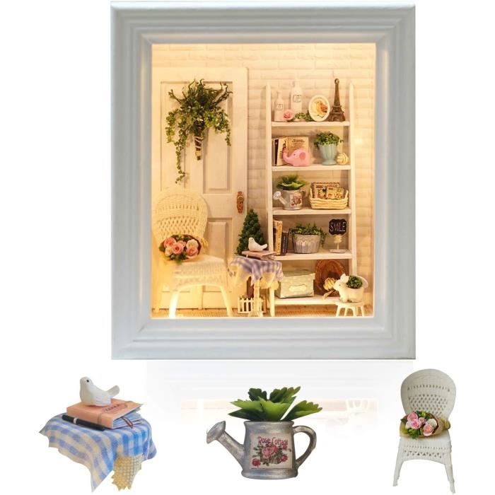 Statue Maison Miniature à Construire DIY Cadre Photo Miniature Bois en Kit avec Anti-Poussière et Meubles