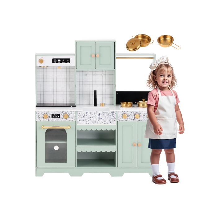 Cuisine enfants en bois - MODERNLUXE - 90x30x98 cm - Cuisine équipée - 3 ans+ - Blanc et Vert