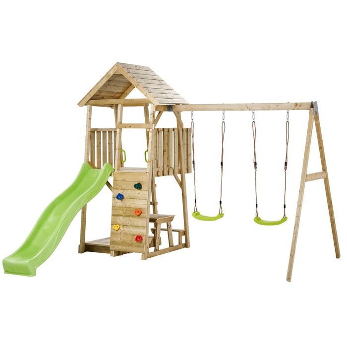 Kangui - Aire de jeux portique en bois WOODI - Double balançoire toboggan mur descalade bac a sable cabane échelle