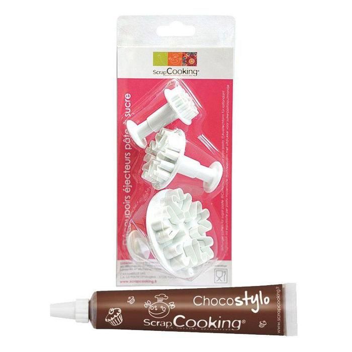 3 découpoirs et éjecteurs à pâte à sucre Flocons + 1 Stylo chocolat