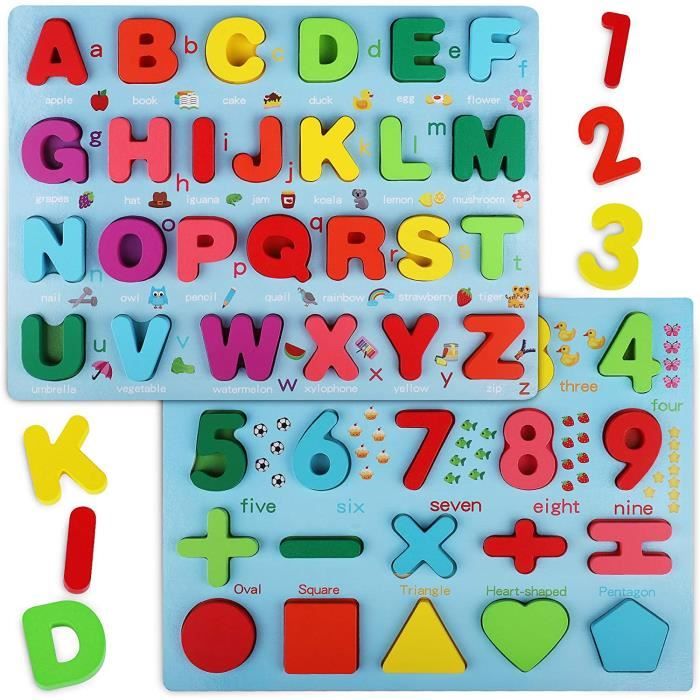Puzzle en bois - Lettres et chiffres - 2 pièces - Éducatif - Multicolore