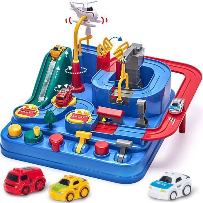 Circuit Voiture Jouet pour Enfant FIVEFINE Piste de Voiture Enfant avec Hélicoptère Bus Voiture Cadeau pour Enfant Garçon Fille