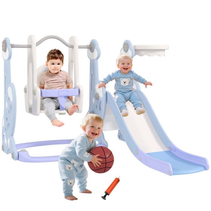 Toboggan et balançoire pour enfants - AIYAPLAY - 4 en 1 - panier de basket et échelle - PE et PP - 1475x160x107cm - bleu clair