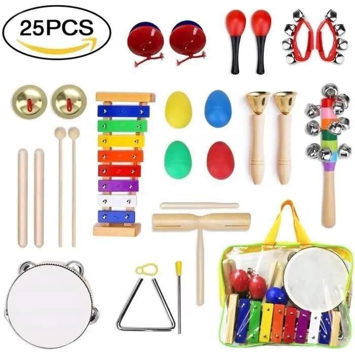 NetBoat Instrument de Musique pour Enfant 25 Pièces Instruments de Musique en Bois Percussion pour Bébé avec XylophoneTambourin